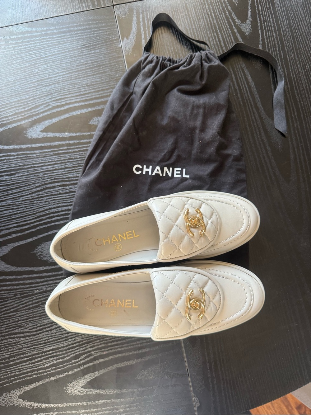 CHANEL Grey Leather Loafers with Gold CC Emblem